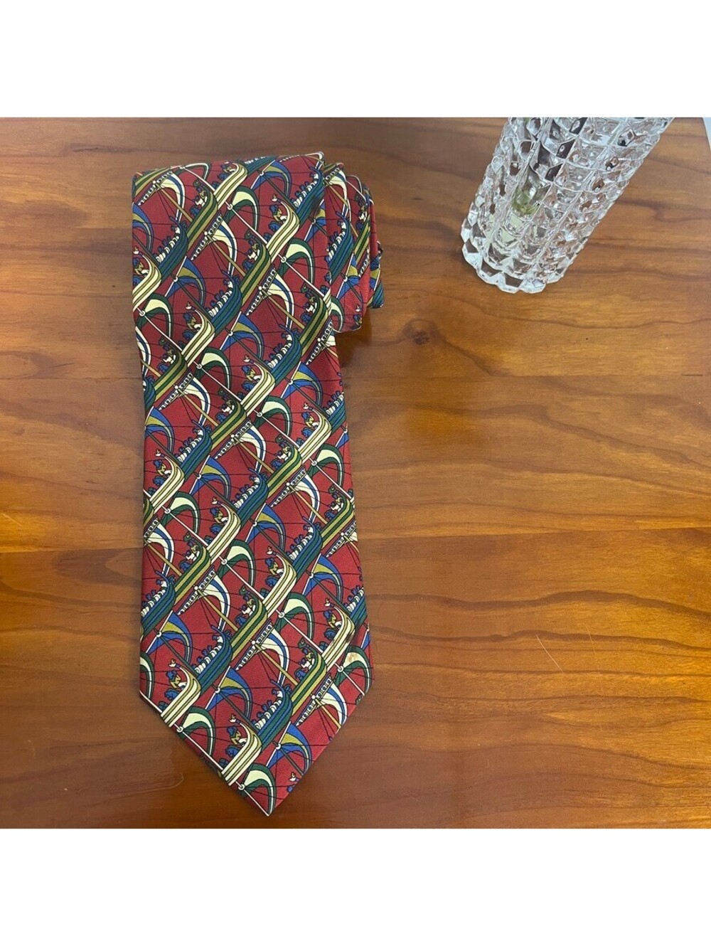 Longchamp Paris Silk Tie Red Viking Ship Print Made in Italy Designer